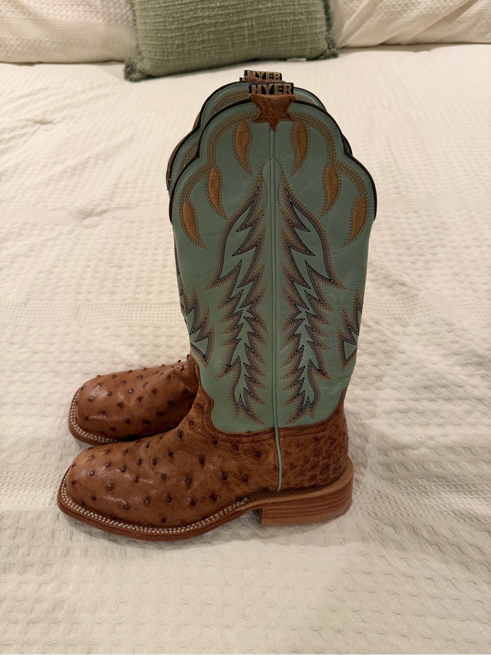 Hyer Justine Women's Brown Ostrich Foot Robin Egg Embroidered Cowboy Boots